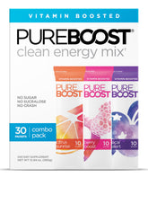 Pureboost Clean Energy bottle pour showing a refreshing sugar-free energy boost