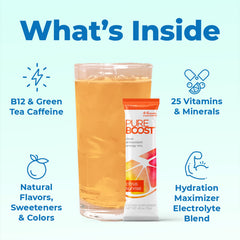 Pureboost Clean Energy glass with prepared drink highlighting electrolytes