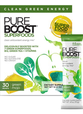 Pureboost Green Mojo bottle being poured for a clean energy boost