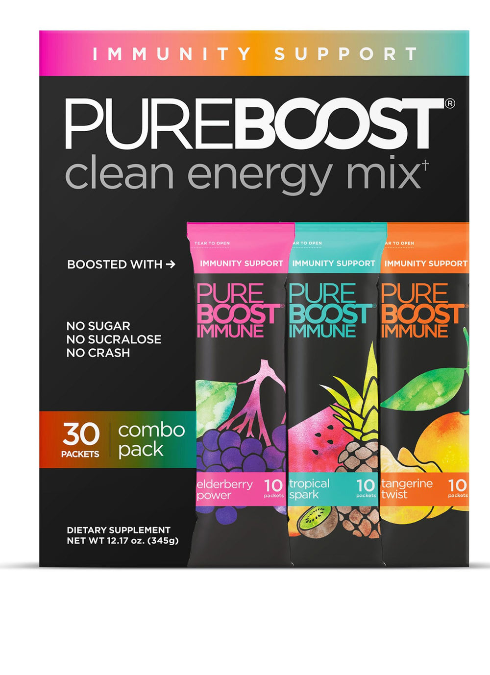 Pureboost Immune Clean Energy Booster packets for on-the-go immune support.