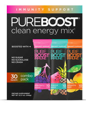 Pureboost Immune Clean Energy Booster packets for on-the-go immune support.