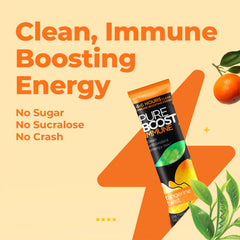Pureboost Immune Tangerine glass-boost features prepared drink for refreshing energy.