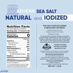 Purelife iodized sea salt in resealable bag for fresh, convenient seasoning.