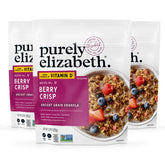 Purely Elizabeth Berry Crisp Granola bag with berry clusters, gluten-free vegan crunch.
