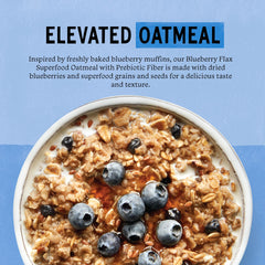 Purely Elizabeth Blueberry Flax Oatmeal bowl with blueberries and flax seeds.