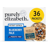 Purely Elizabeth Blueberry Flax Oatmeal packaging highlights gluten-free and non-GMO attributes.