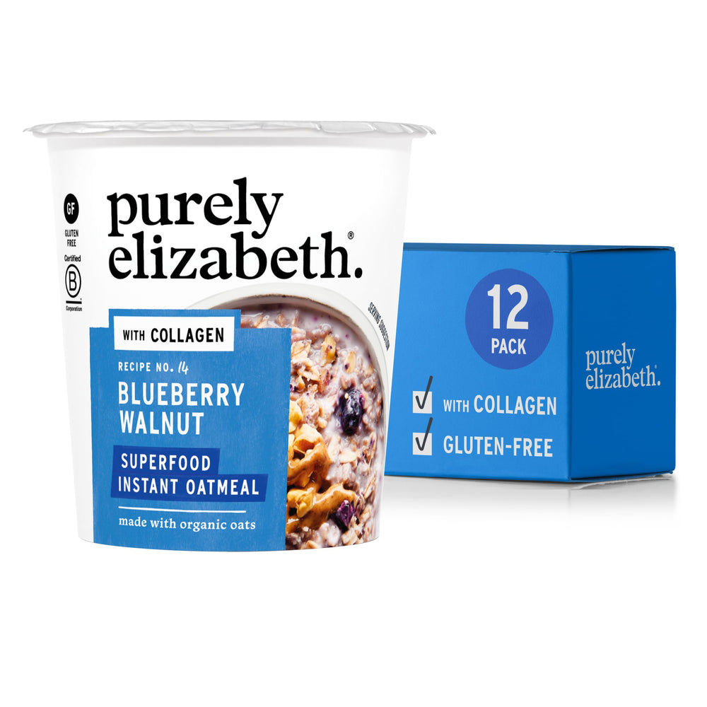 Purely Elizabeth Blueberry Walnut Oat Cup packaging highlighting gluten-free, collagen-infused single-serve cups