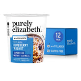 Purely Elizabeth Blueberry Walnut Oat Cup packaging highlighting gluten-free, collagen-infused single-serve cups