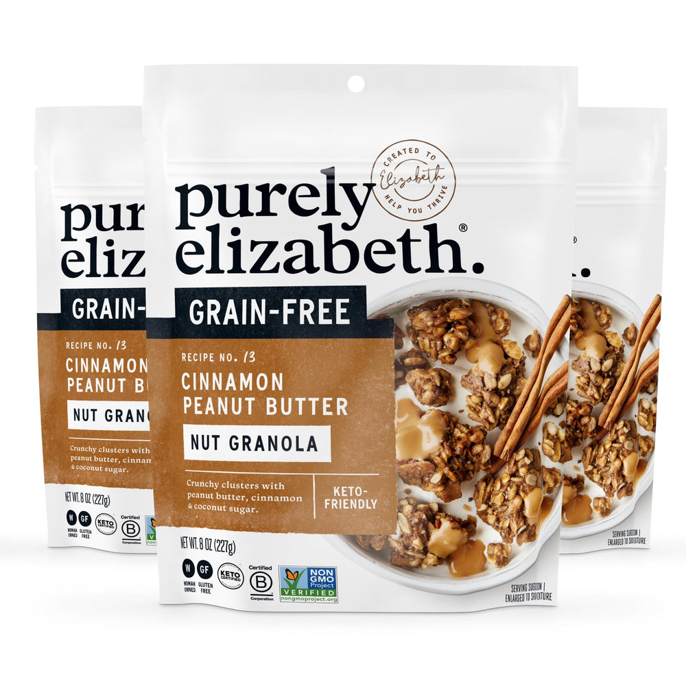 Purely Elizabeth Cinnamon Peanut Butter Granola bag featuring crunchy clusters for keto snacking.