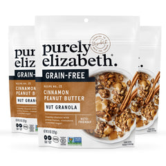 Purely Elizabeth Cinnamon Peanut Butter Granola bag featuring crunchy clusters for keto snacking.