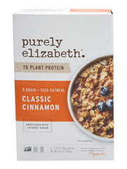 Purely Elizabeth Classic Cinnamon Instant Oatmeal: cinnamon-flavored ready-to-eat breakfast with plant protein boost.