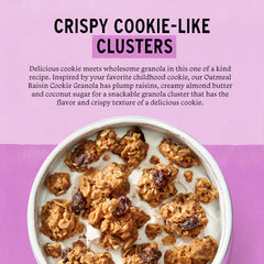 Purely Elizabeth Cookie Granola Oatmeal Raisin label detail emphasizes quality ingredients