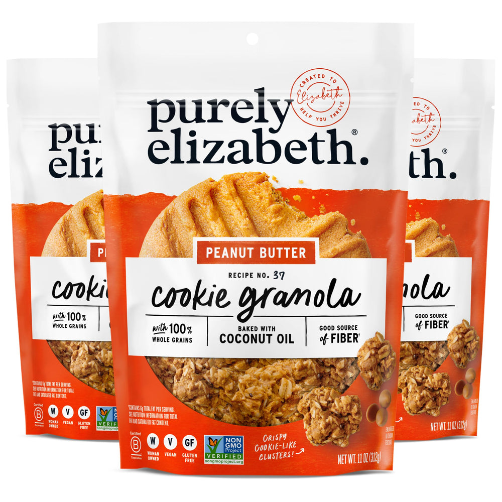 Purely Elizabeth Cookie Granola Peanut Butter bag front, gluten-free and ready to snack