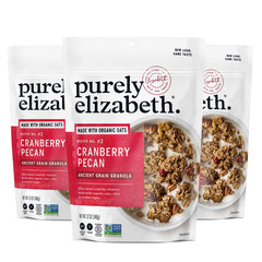 Purely Elizabeth Cranberry Pecan Ancient Grain Granola 3-pack on kitchen shelf, gluten-free option