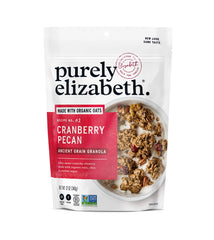 Purely Elizabeth cranberry pecan granola pack, gluten-free breakfast option.