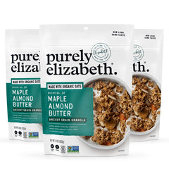 Purely Elizabeth Maple Almond Butter Ancient Grain Granola bag highlighting gluten-free, non-GMO crunch