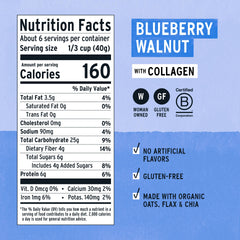 Purely Elizabeth Oat Blueberry Walnut Collagen Pouch, handheld on-the-go snacking with premium ingredients