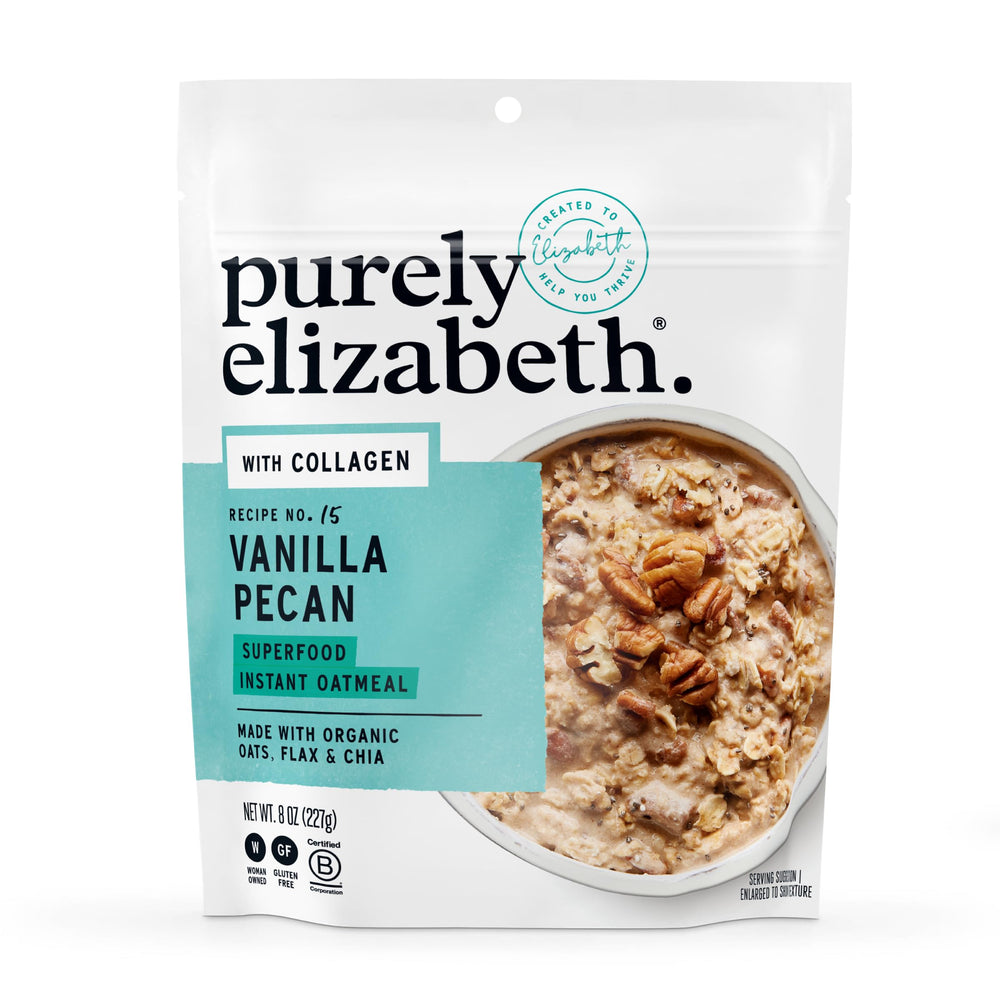 Purely Elizabeth Oat Pouch Collagen Vanilla Pecan packaging showcasing premium ingredients for quick breakfasts.