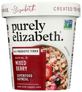 Purely Elizabeth Oatmeal Cup Mix Berry Preb packaging highlights premium ingredients for a quick breakfast.