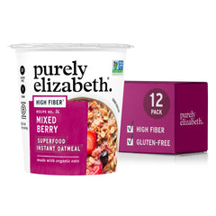 Purely Elizabeth oatmeal cup mixed-berry, quick fiber-rich breakfast option