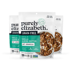 Purely Elizabeth Vanilla Almond Butter Granola packaging shows grain-free keto-friendly clusters.