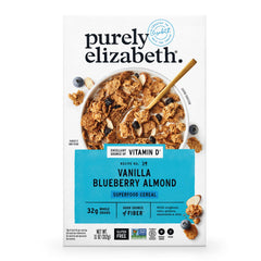 Purely Elizabeth Vanilla Blueberry Almond Cereal pack shot highlighting premium ingredients