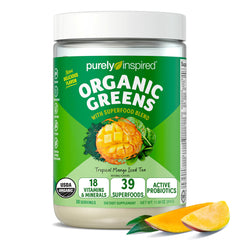 Purely Inspired Organic Greens mango powder tub label with probiotics for digestive comfort.