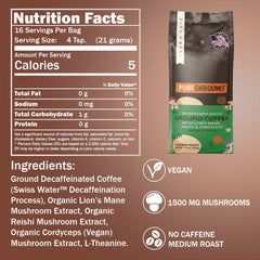 PureShrooms Decaf Guatemala bag back details Swiss Water decaf method.