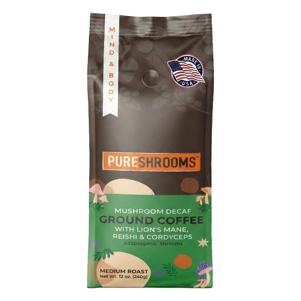 PureShrooms Decaf Coffee Guatemala bag front, ideal for caffeine-free morning ritual.
