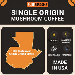 PureShrooms mushroom trio infusion label highlights Lion’s Mane, Reishi, Cordyceps.