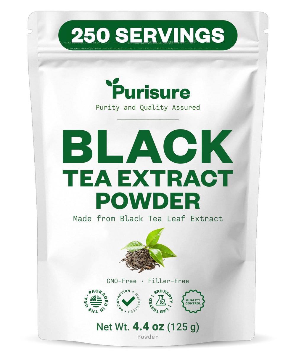Purisure Instant Black Tea Powder packaging shows convenient, unsweetened beverage mix.