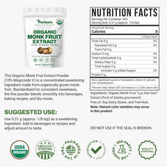 Purisure Organic Monk Fruit Extract packaging label highlights organic, no fillers, vegan-friendly sweetness.