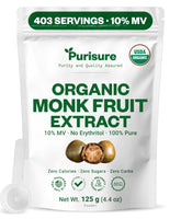 Purisure Organic Monk Fruit Extract Powder jar shows zero-calorie sweetness for keto recipes.