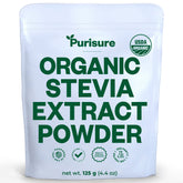 Purisure organic stevia powder jar shows pure extract for zero-calorie sweetness.