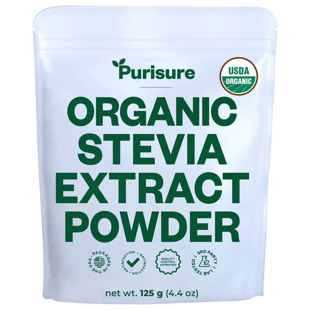 Purisure Organic Stevia Powder bottle close-up shows pure, zero-calorie sweetness for beverages
