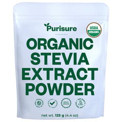 Purisure Organic Stevia Powder bottle close-up shows pure, zero-calorie sweetness for beverages