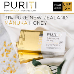 Close-up of PURITI lozenges texture reveals Manuka flavor.