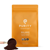 Purity Coffee BALANCE 2/3 Decaf bag shows rich aroma and balanced flavor.
