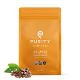 Purity Coffee BALANCE bag 12 oz shows premium organic beans for a balanced caffeine option.