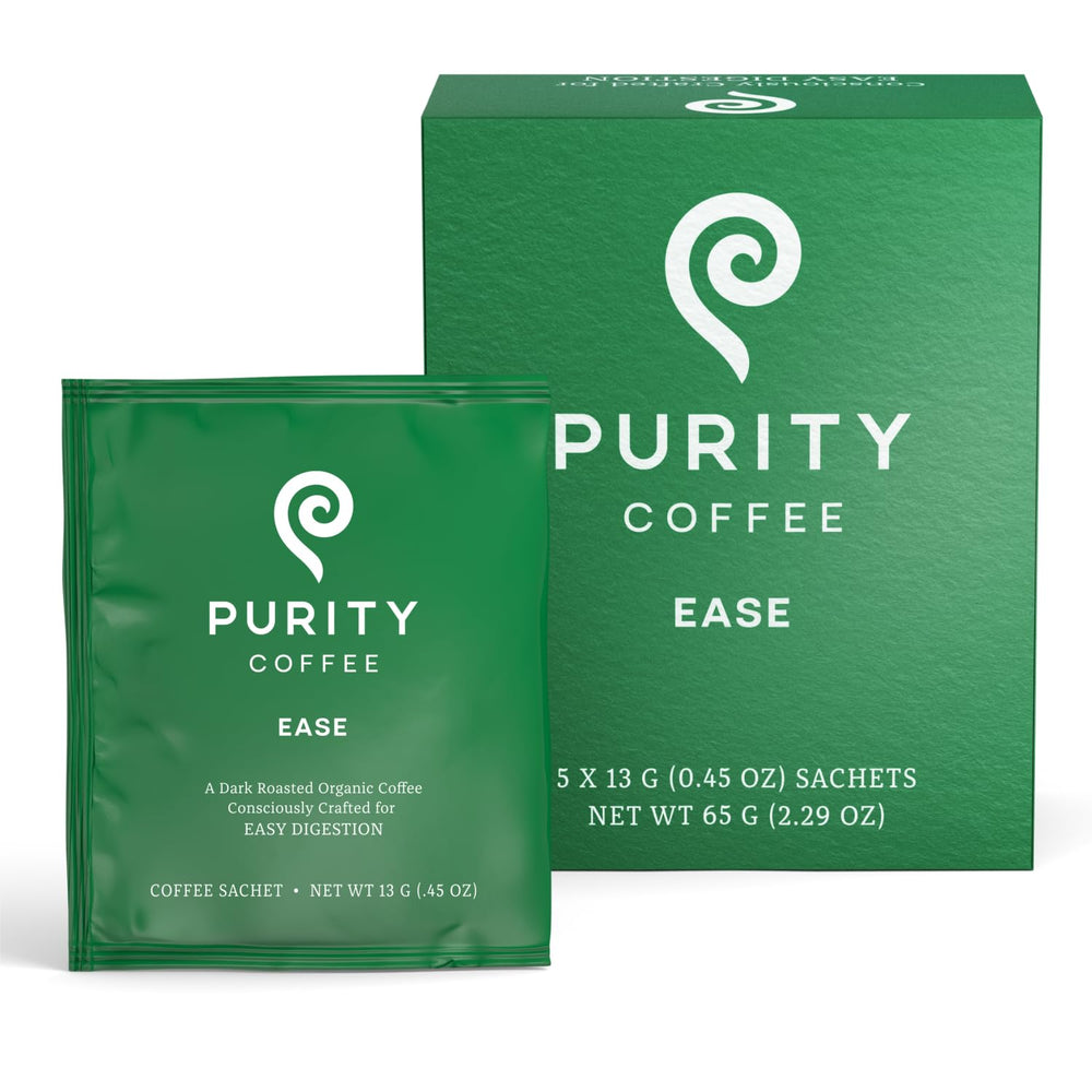 Purity Coffee EASE low-acid dark roast box, showcasing freshness.