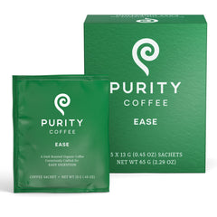 Purity Coffee EASE low-acid dark roast box, showcasing freshness.