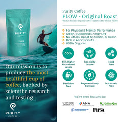 Purity Coffee Flow Original Medium Roast ground coffee shows versatile grind for espresso and drip.