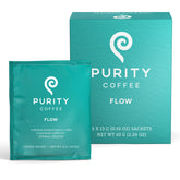 Purity Coffee FLOW original medium roast sachet box with a fresh, inviting aroma.