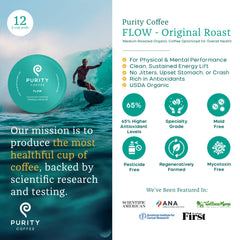 Purity Coffee FLOW third-party tested label confirms safety screening and quality.