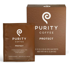 Purity Coffee PROTECT sachets ready for on-the-go, antioxidant-rich brews.