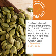 PuroRaw pepitas close-up showing raw, unsalted quality and crunch