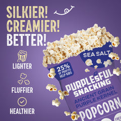 Purplesful sea-salt popcorn snack emphasizes clean, crave-worthy flavor.