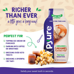 Pyure Caramel Dessert Syrup on pancakes for indulgent, sugar-free topping.