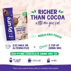 Pyure chocolate drink mix poured into mug, steaming hot chocolate ready to enjoy