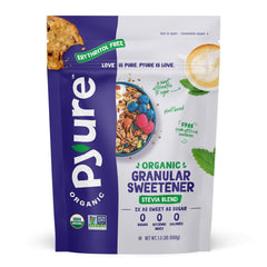 Pyure Organic Stevia Blend bottle showing zero-calorie sweetness for baking and drinks.